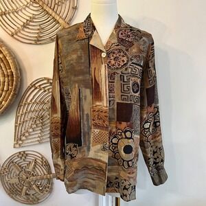 Vintage Stunt Brown 100% Silk Button Down Blouse Abstract Patchwork Small